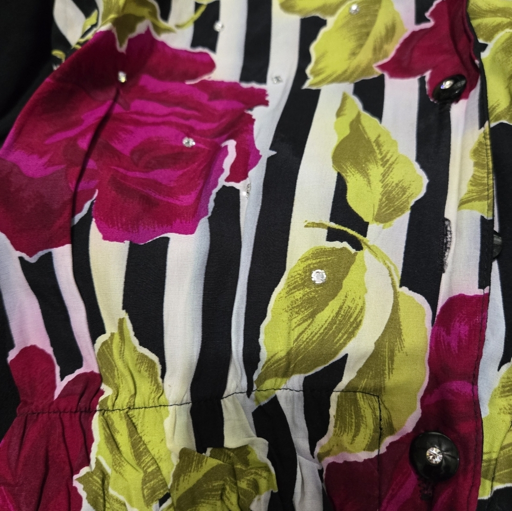 Vintage Saint Germain Paris Black Multicolor Stripes Floral Print Jumpsuit SZ 8 - Picture 6 of 10
